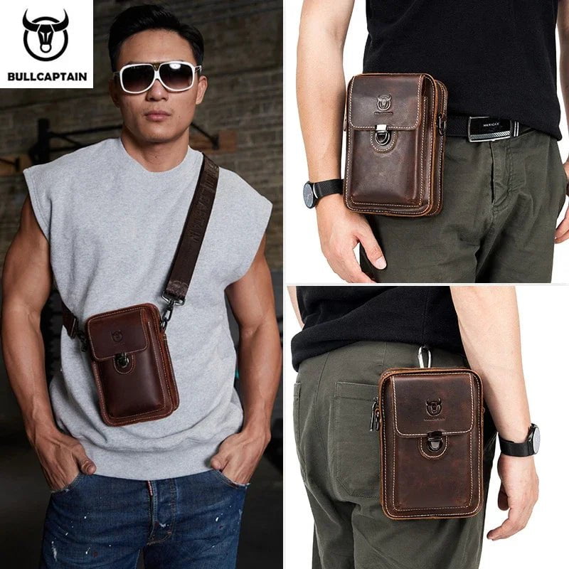 Storazone BULLCAPTAIN Crazy Horse Leather Male Waist Pack Phone Pouch Bags Waist Bag Men's Small Chest Shoulder Belt Bag Back Pack YB075