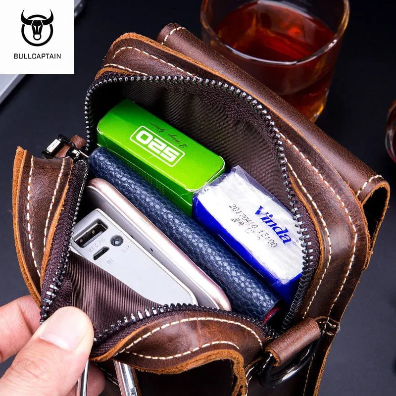 Storazone BULLCAPTAIN Crazy Horse Leather Male Waist Pack Phone Pouch Bags Waist Bag Men's Small Chest Shoulder Belt Bag Back Pack YB075