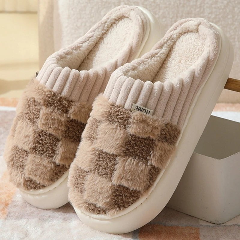 Storazone C-Coffee / 36-37(fit 35-36) 2023 New Winter Fulffy Fur Slippers Men Plush Fleece Flat Slippers Sweet Thick Soled Indoor Cotton Slippers For Couple Shoes