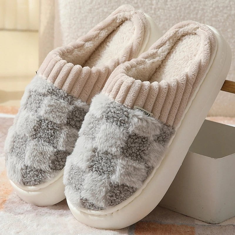 Storazone C-Gray / 36-37(fit 35-36) 2023 New Winter Fulffy Fur Slippers Men Plush Fleece Flat Slippers Sweet Thick Soled Indoor Cotton Slippers For Couple Shoes