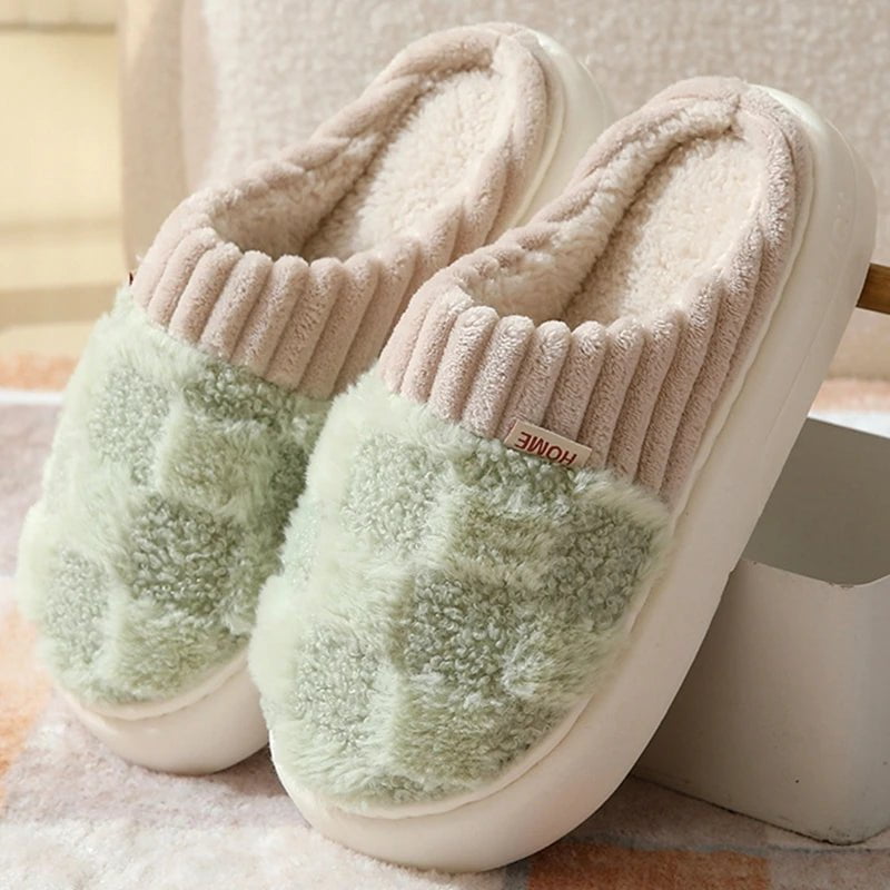 Storazone C-Green / 36-37(fit 35-36) 2023 New Winter Fulffy Fur Slippers Men Plush Fleece Flat Slippers Sweet Thick Soled Indoor Cotton Slippers For Couple Shoes