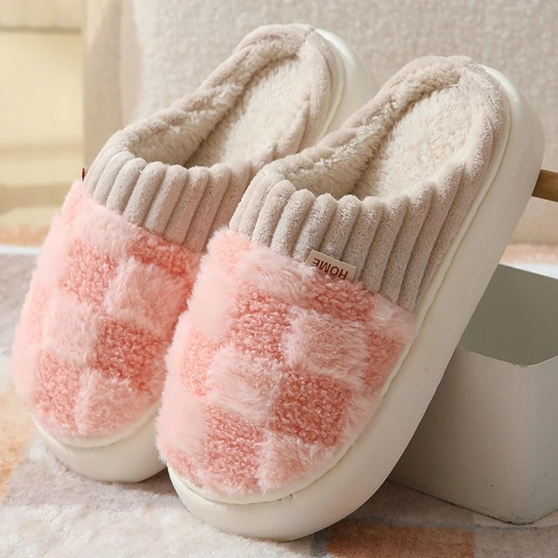 Storazone C-Pink / 36-37(fit 35-36) 2023 New Winter Fulffy Fur Slippers Men Plush Fleece Flat Slippers Sweet Thick Soled Indoor Cotton Slippers For Couple Shoes