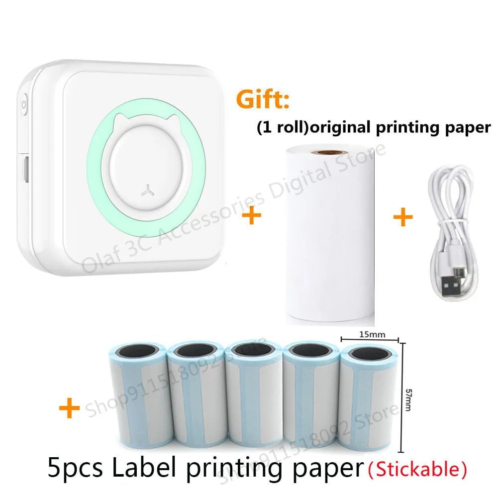 Storazone C5 Green-5pcs Label Portable Mini Label Printer Photo Thermal Adhesive Labels Printers Inkless Bluetooth Pocket Mini Printer Stickers Maker 57MM