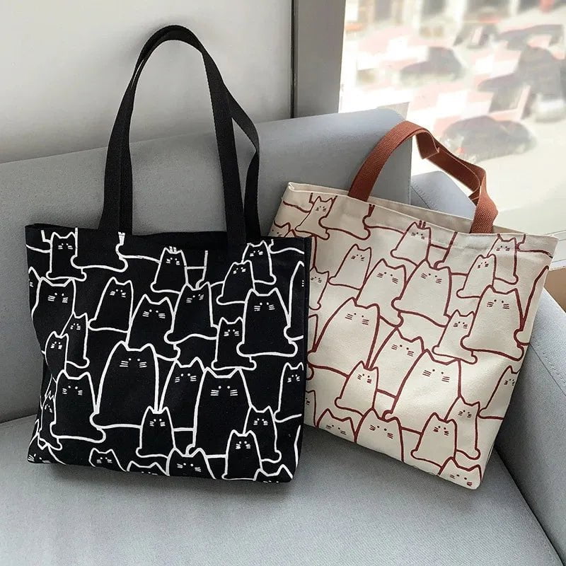 Storazone Canvas Bags Handbag for Women Shopper Cute Cat Tote Bag with Zipper Designer Bag Japanese Style Cartoon Small Shoulder