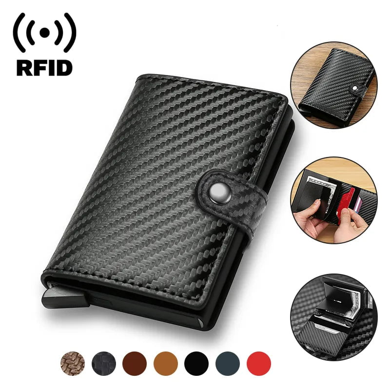 Storazone Carbon Fiber Credit Card Holder Wallet Men Rfid Smart Metal Thin Slim Pop Up Minimalist Wallet Small Black Purse Metal Vallet