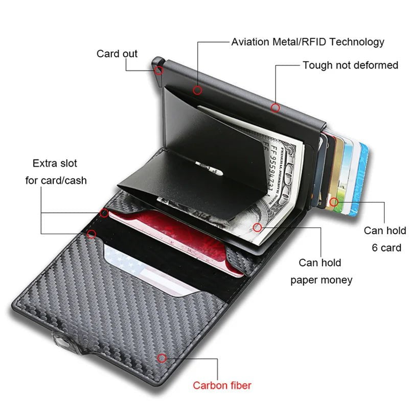 Storazone Carbon Fiber Credit Card Holder Wallet Men Rfid Smart Metal Thin Slim Pop Up Minimalist Wallet Small Black Purse Metal Vallet