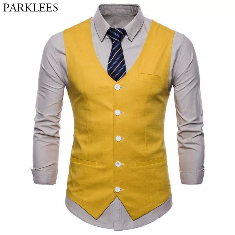 Storazone Casual Cotton Linen Mens Suit Vest Slim Fit Single Breasted Sleeveless Waistcoat Male White Yellow Green Orange Light Blue M-4XL