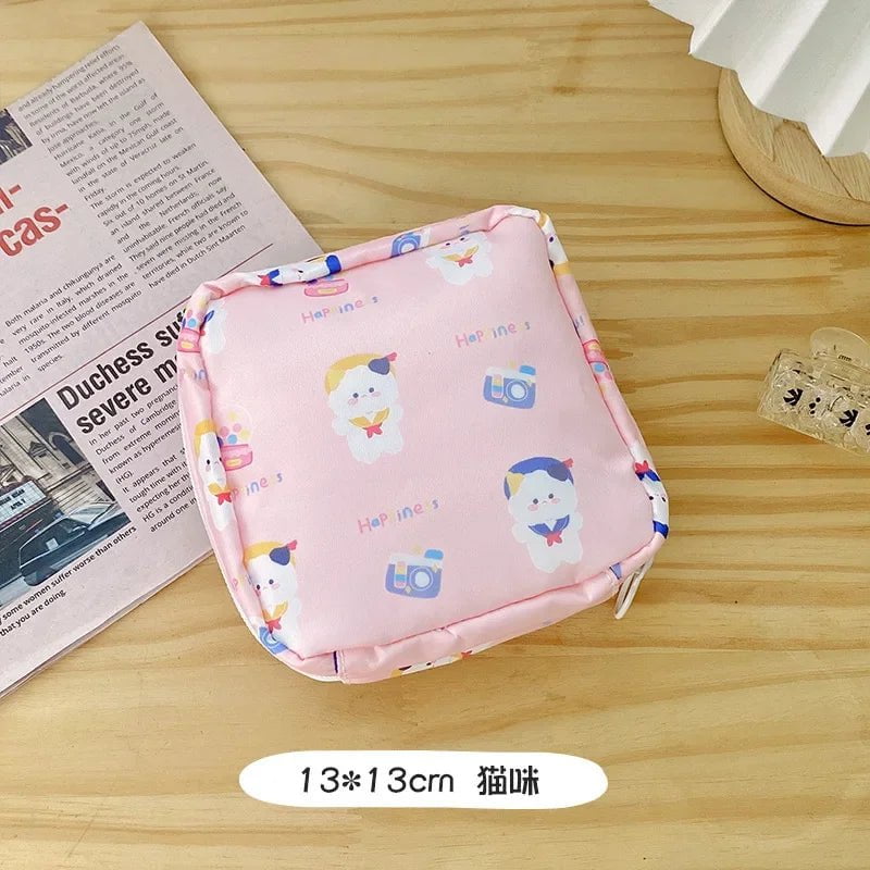 Storazone Cat Women Girls Kawaii Cosmetic Makeup Tampon Bear Napkin Pouch Storage Bag Coin Purse Sanitary Pads Bag Mini Data Cables Organizer