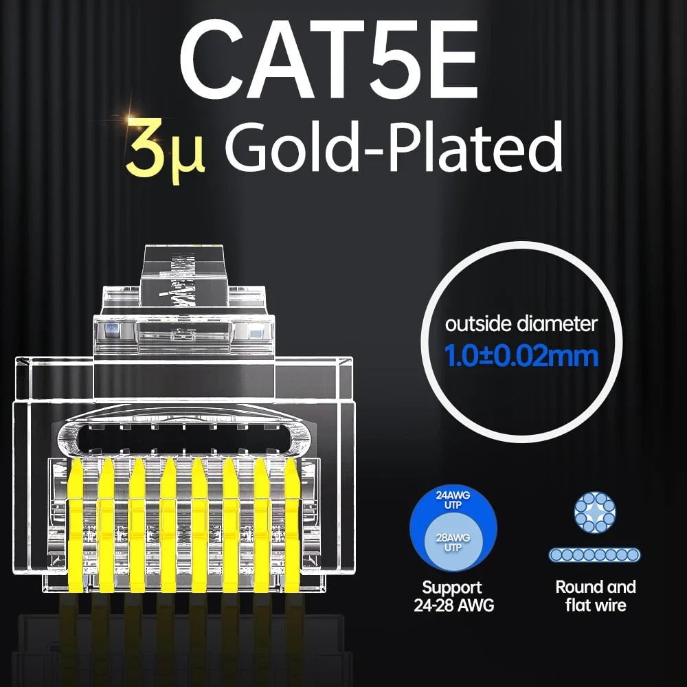 Storazone CAT5E 3U / 100pcs / CHINA AMPCOM RJ45 Modular Plug, CAT5E CAT6 Pass Through Network Connectors UTP 3/50μ Gold-Plated 8P8C Crimp End for Ethernet Cable