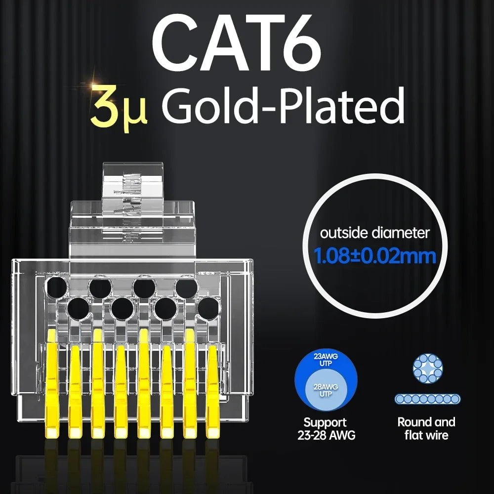 Storazone CAT6 3U / 100pcs / CHINA AMPCOM RJ45 Modular Plug, CAT5E CAT6 Pass Through Network Connectors UTP 3/50μ Gold-Plated 8P8C Crimp End for Ethernet Cable