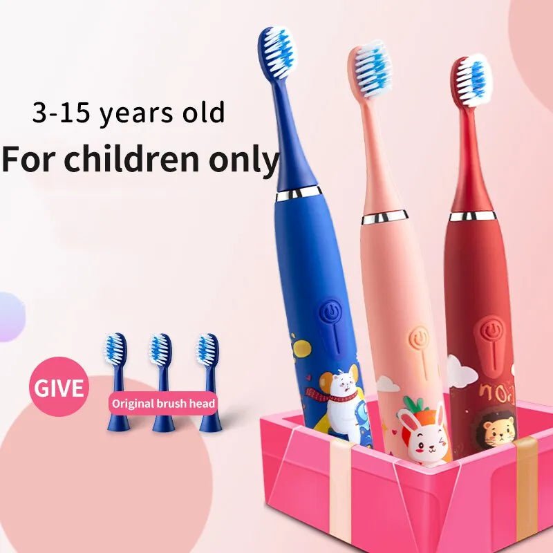Storazone Children's Electric Toothbrush Colorful Cartoon With Replacement Heads Ultrasonic Rechargeable Soft Hair Cleaning Brush for Kids