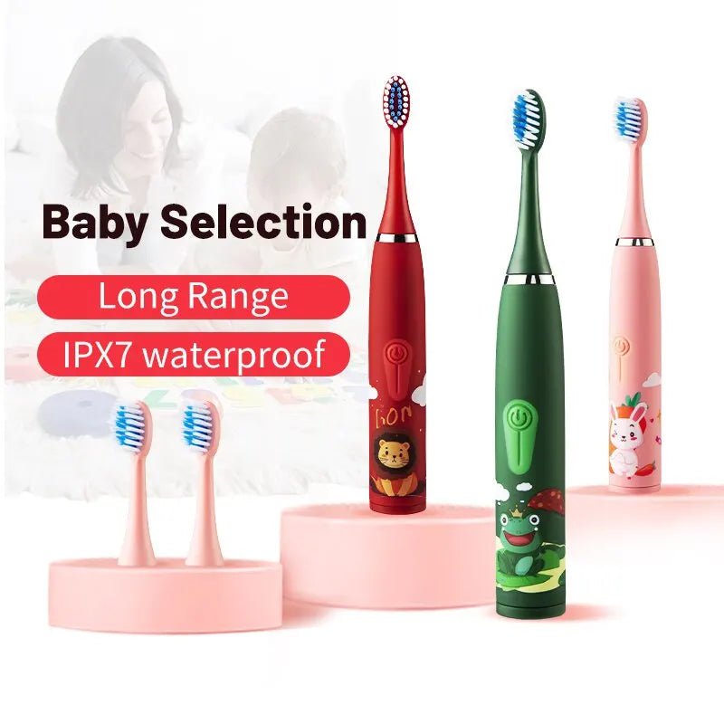 Storazone Children's Electric Toothbrush Colorful Cartoon With Replacement Heads Ultrasonic Rechargeable Soft Hair Cleaning Brush for Kids