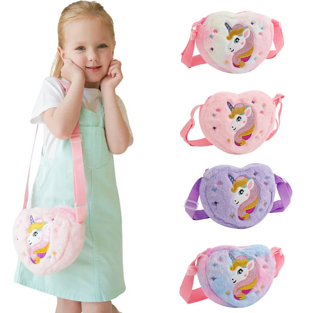 Storazone Children's Heart shaped  Shoulder Bag Unicorn Cartoon Plush Love Crossbody Bag Kindergarten Girls' Candy Storage Bag