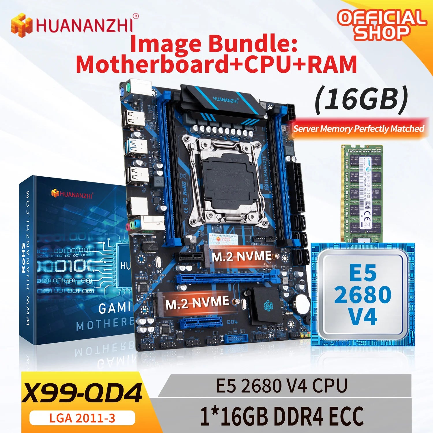 Storazone CHINA / Motherboards HUANANZHI X99 QD4 LGA 2011-3 X99 Motherboard with Intel E5 2680 v4 with 1*16G DDR4 RECC Memory combo kit set multiple options