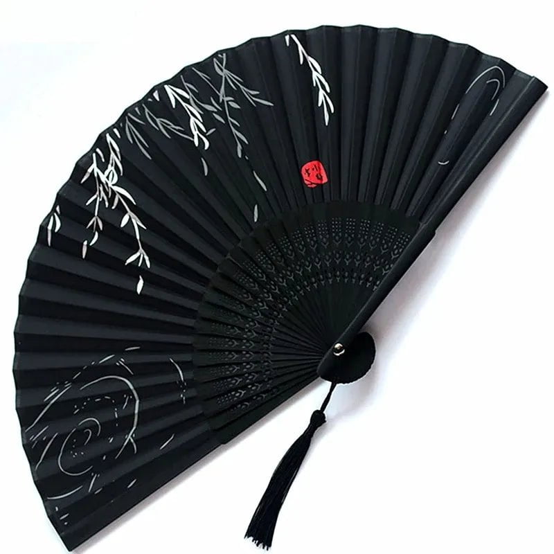 Storazone Chinese Japanese Folding Fan Wooden Shank Classical Dance Fan Tassel Elegent Female Fan Party Art Craft Gift Home Decoration