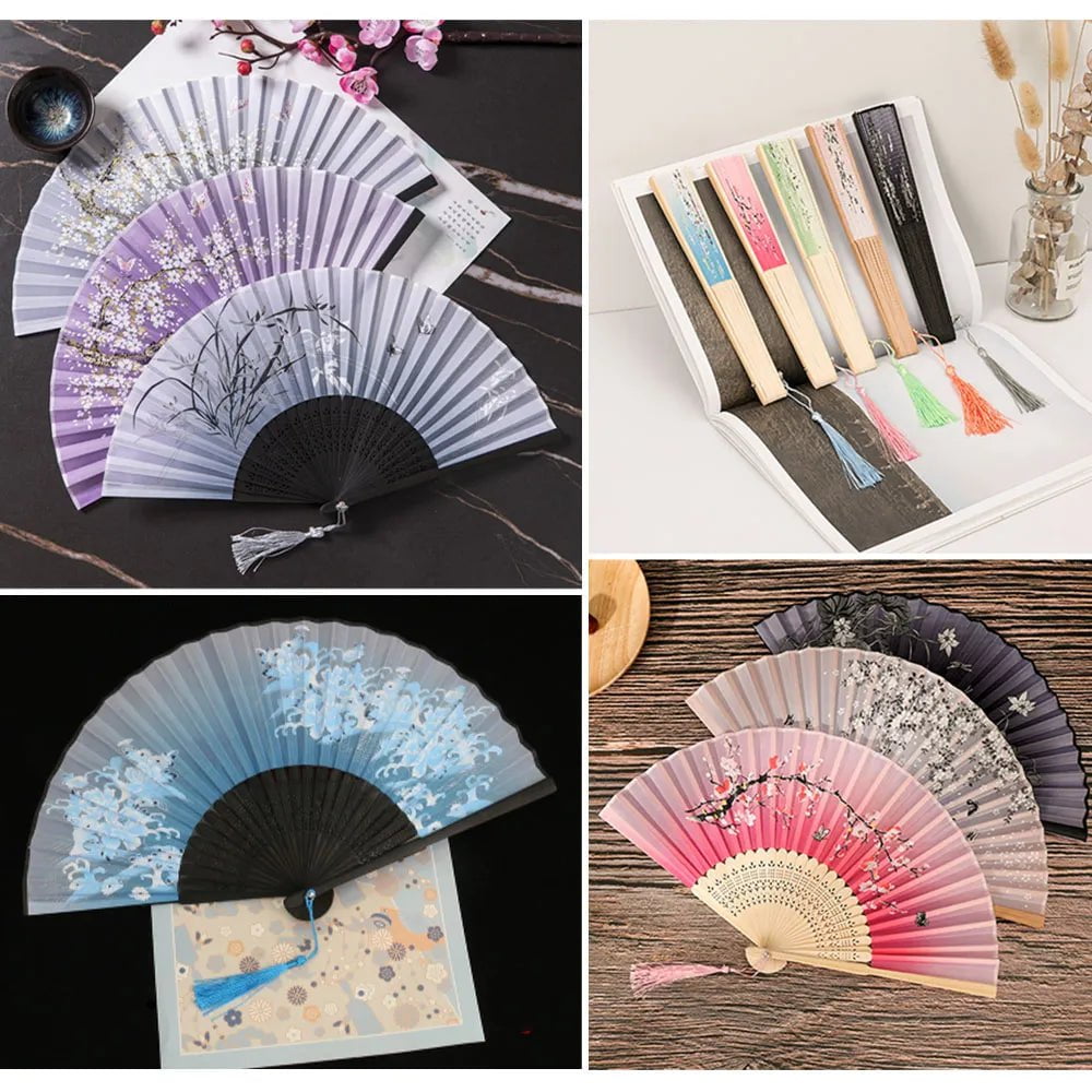 Storazone Chinese Japanese Folding Fan Wooden Shank Classical Dance Fan Tassel Elegent Female Fan Party Art Craft Gift Home Decoration