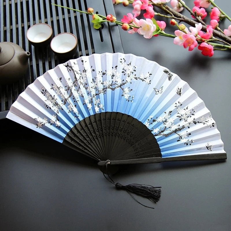 Storazone Chinese Japanese Folding Fan Wooden Shank Classical Dance Fan Tassel Elegent Female Fan Party Art Craft Gift Home Decoration