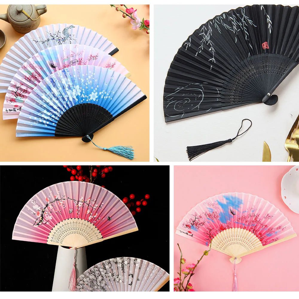 Storazone Chinese Japanese Folding Fan Wooden Shank Classical Dance Fan Tassel Elegent Female Fan Party Art Craft Gift Home Decoration