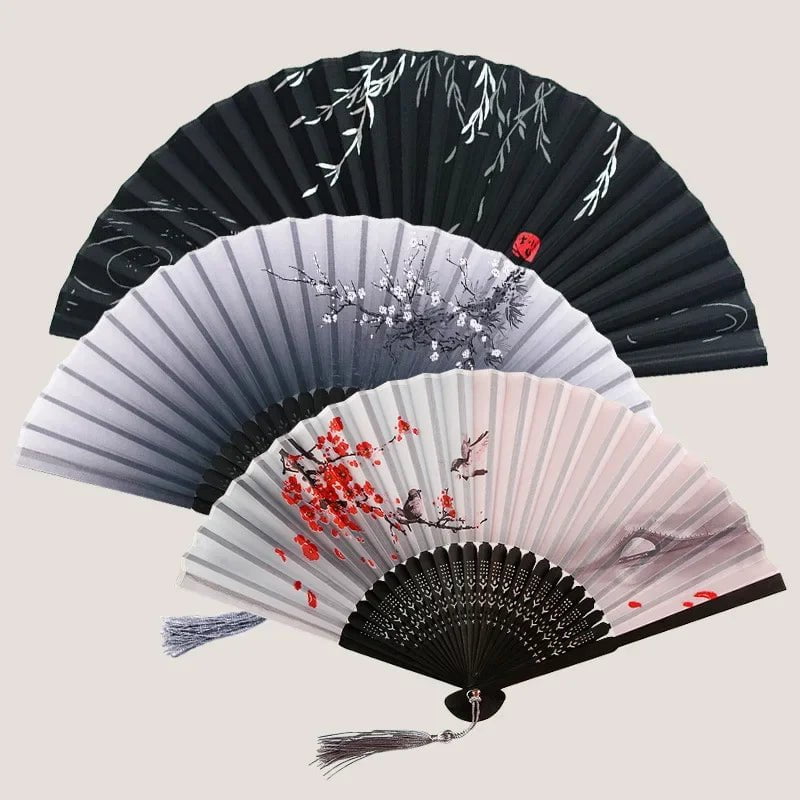 Storazone Chinese Japanese Silk Folding Fan Wooden Shank Classical Dance Fan High Quality Tassel Elegent Female Fan Home Decoration