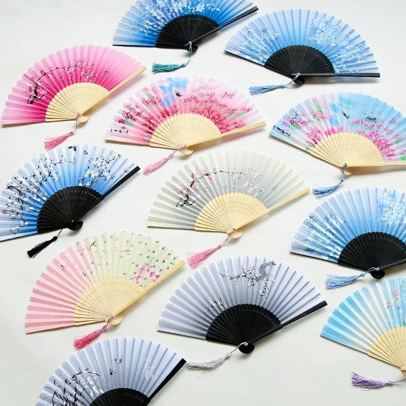 Storazone Chinese Japanese Silk Folding Fan Wooden Shank Classical Dance Fan High Quality Tassel Elegent Female Fan Home Decoration