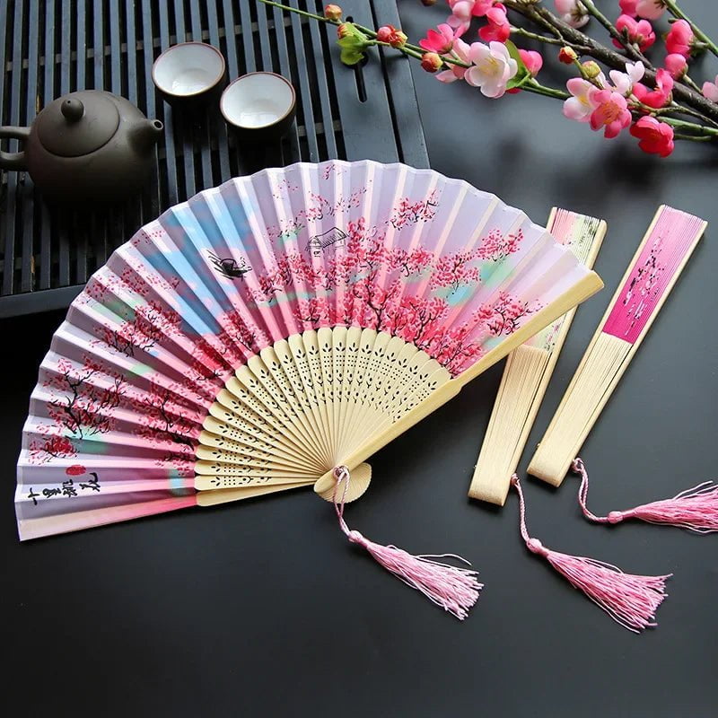 Storazone Chinese Japanese Silk Folding Fan Wooden Shank Classical Dance Fan High Quality Tassel Elegent Female Fan Home Decoration