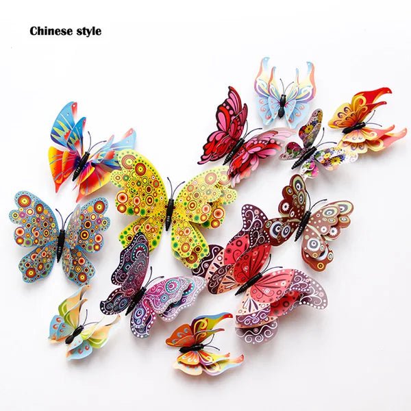 Storazone Chinese style New Style 12Pcs Double Layer 3D Butterfly Wall Stickers Home Room Decor Butterflies For Wedding Decoration Magnet Fridge Decals