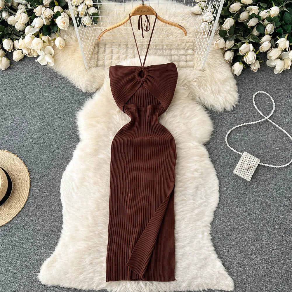 Storazone Chocolate / One Size YuooMuoo Chic Fashion Sexy Package Hips Split Knitted Summer Dress Women Slim Elastic Bodycon Party Dress Streetwear Outfits