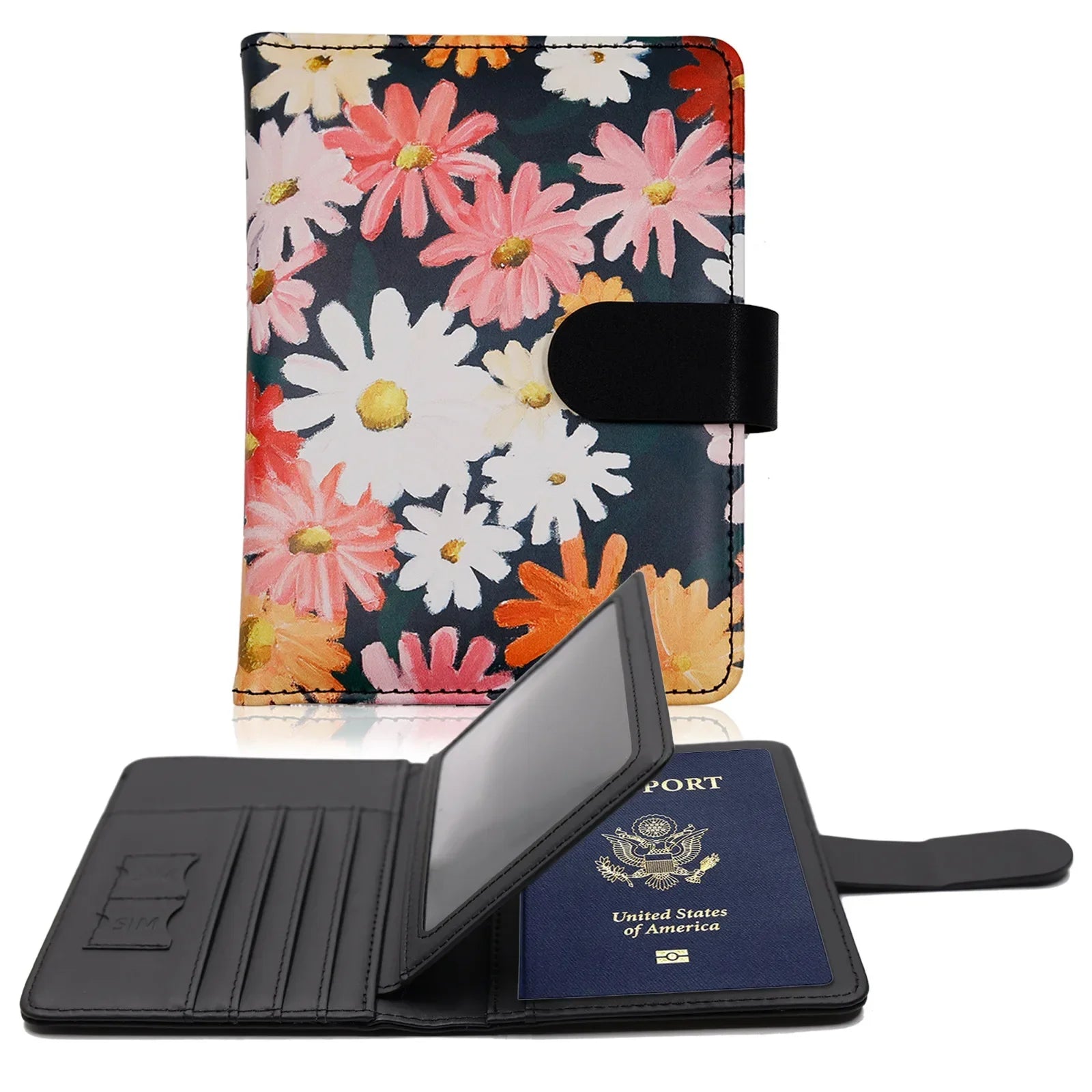 Storazone Chrysanthemum Passport Cover PU Leather Man Women Travel Passport Holder with Credit Card Holder Case Wallet Protector Cover Case