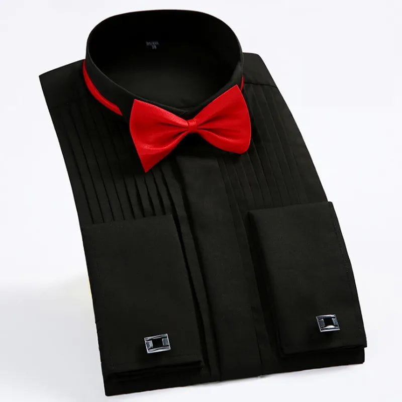 Storazone Classic Winged Collar Dress Shirt Men's Wingtip Tuxedo Formal Shirts with Red Black Bow Tie Party Dinner Wedding Bridegroom Tops