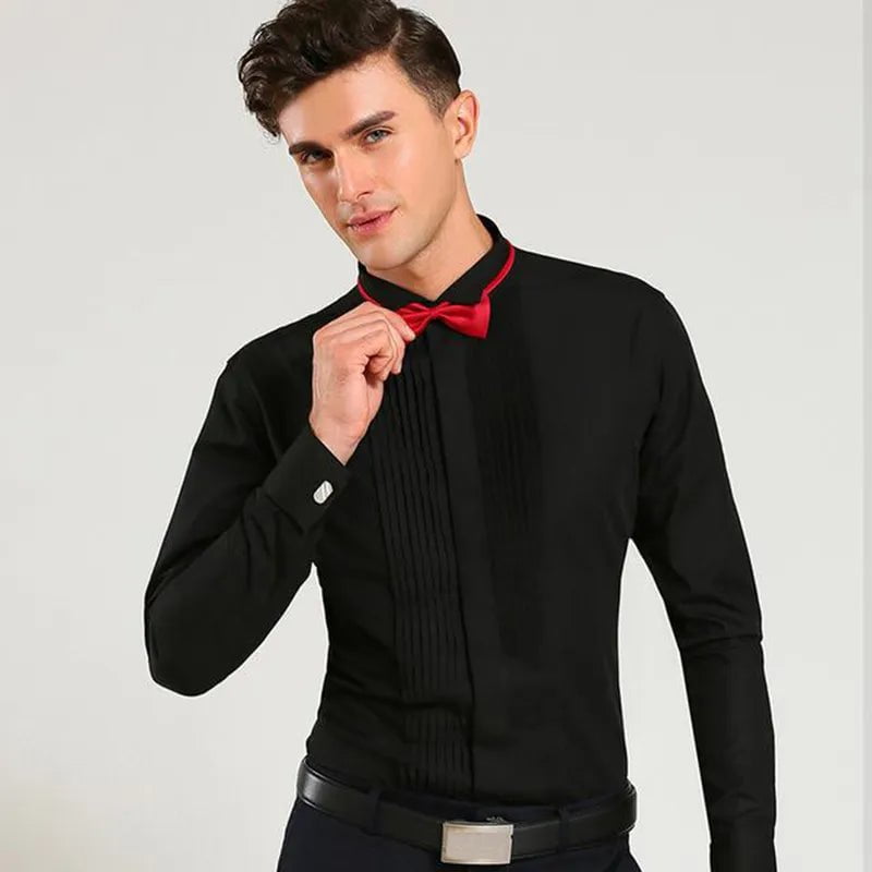 Storazone Classic Winged Collar Dress Shirt Men's Wingtip Tuxedo Formal Shirts with Red Black Bow Tie Party Dinner Wedding Bridegroom Tops