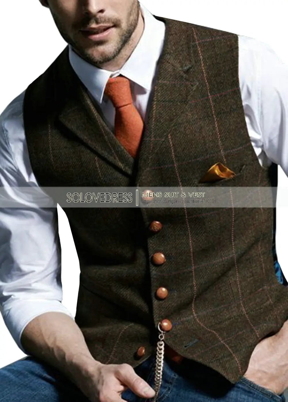 Storazone coffe / S Mens Suit Vest Notched Plaid Wool Herringbone Tweed Waistcoat Casual Formal Business Groomman For Wedding Green/Black/Green/Grey