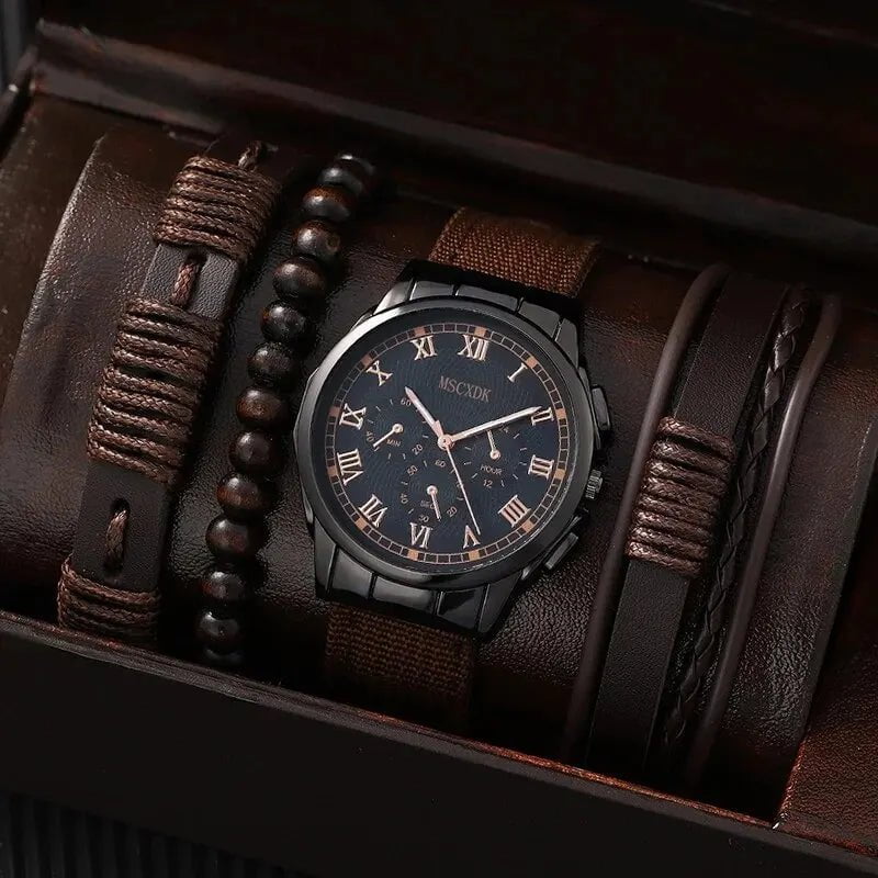 Storazone Coffee 4pcs Brown Nylon Strap Quartz Watch With Bracelet For Men Casual Fashion Round Watch In Daily Sport