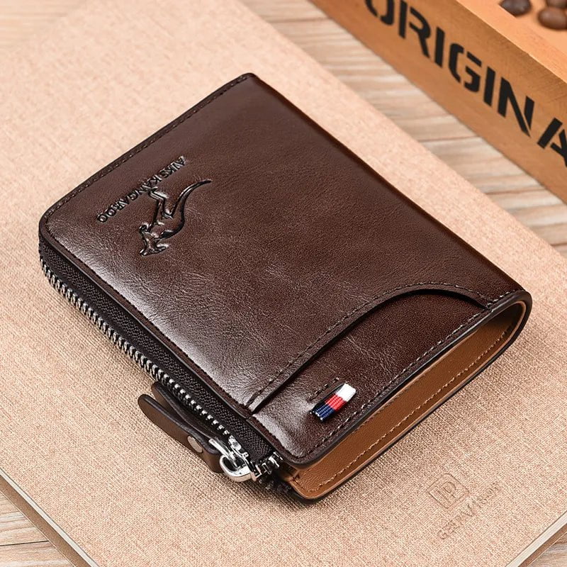 Storazone Coffee Mens Wallet Leather Business Card Holder Zipper Purse Luxury Wallets for Men RFID Protection Purses Carteira Masculina Luxury