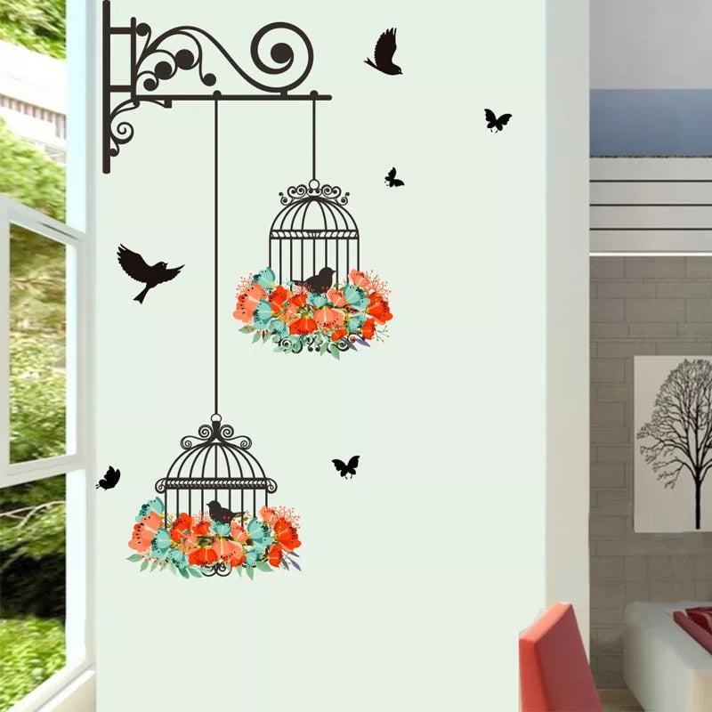 Storazone Colorful Flower birdcage flying birds wall sticker Creative home decor living room Decals wallpaper bedroom nursery window decor