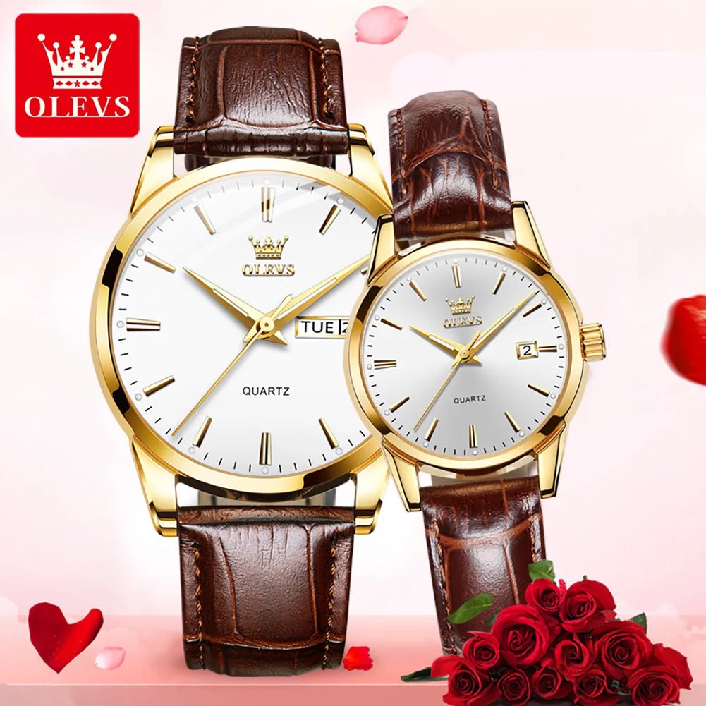 Storazone couple 1 OLEVS Lover Watches Top Brand Luxury Couple Quartz Watch Waterproof Leather Watch Strap Watch for Women and Men Couple Gift