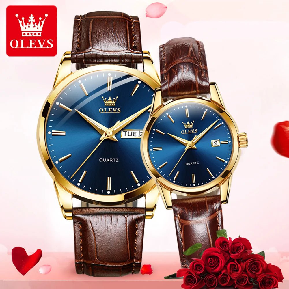 Storazone couple 2 OLEVS Lover Watches Top Brand Luxury Couple Quartz Watch Waterproof Leather Watch Strap Watch for Women and Men Couple Gift