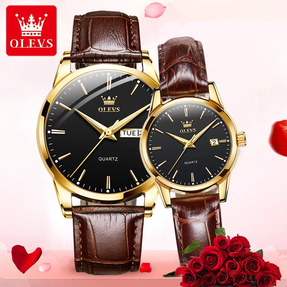 Storazone couple 3 OLEVS Lover Watches Top Brand Luxury Couple Quartz Watch Waterproof Leather Watch Strap Watch for Women and Men Couple Gift