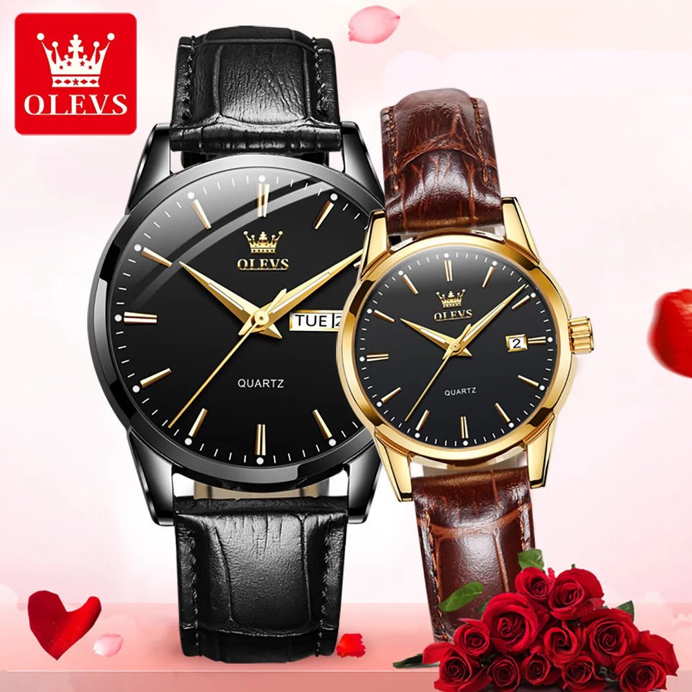 Storazone couple 4 OLEVS Lover Watches Top Brand Luxury Couple Quartz Watch Waterproof Leather Watch Strap Watch for Women and Men Couple Gift