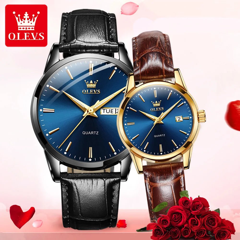 Storazone couple 5 OLEVS Lover Watches Top Brand Luxury Couple Quartz Watch Waterproof Leather Watch Strap Watch for Women and Men Couple Gift