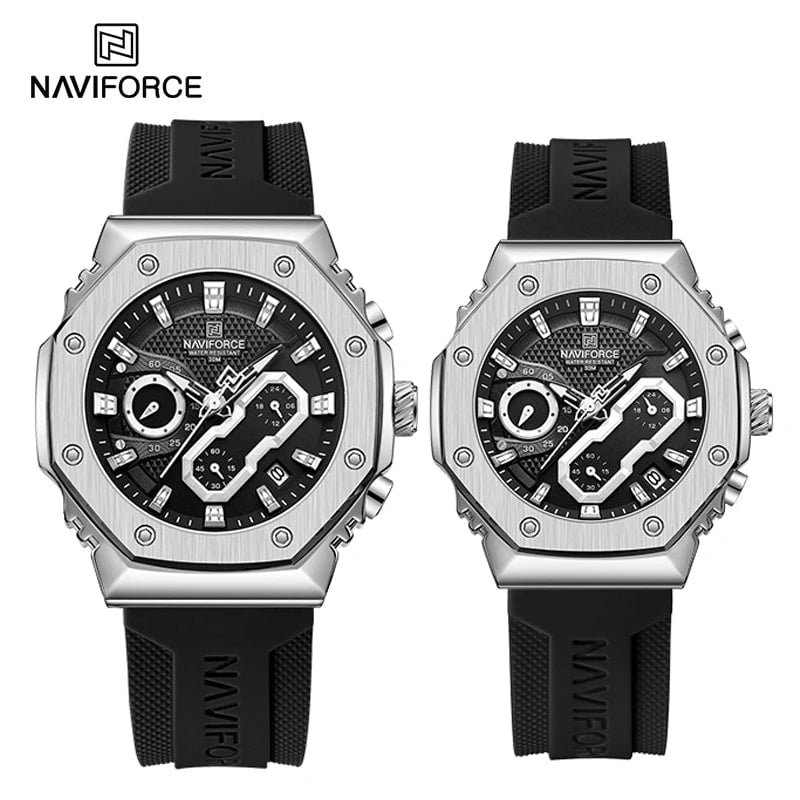 Storazone Couple-SWB / CHINA NAVIFORCE New Sport Lovers Watches Soft Silicone Band Quartz Calendar Chronograph Clock Casual Water Resistant Couple Wristwatch