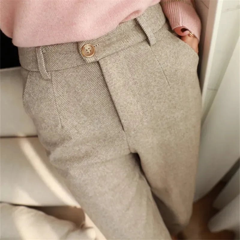 Storazone Creamy-white / L Woolen Pants Women's Harem Pencil Pants 2022 Autumn Winter High Waisted Casual Suit Pants Office Lady Women Trousers