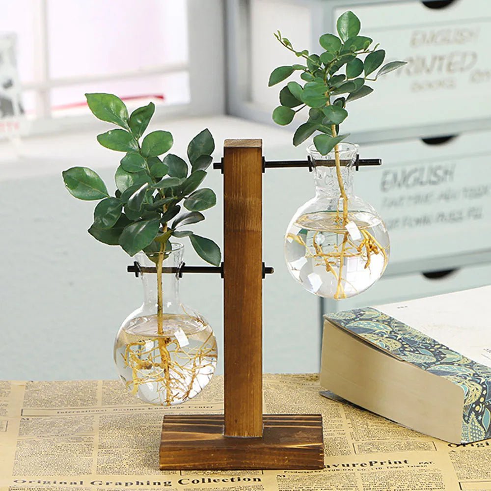 Storazone Creative Glass Desktop Planter Bulb Vase Wooden Stand Hydroponic Plant Container Home Tabletop Decor Vases