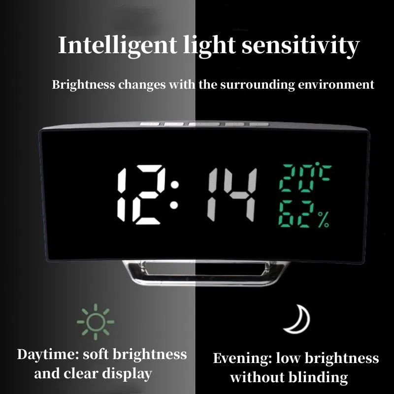 Storazone Curved Screen Digital Alarm Clock Temperature Date 2 Levels Brightness Adjustment Snooze Table Clock 12/24H Night Mode LED Clock