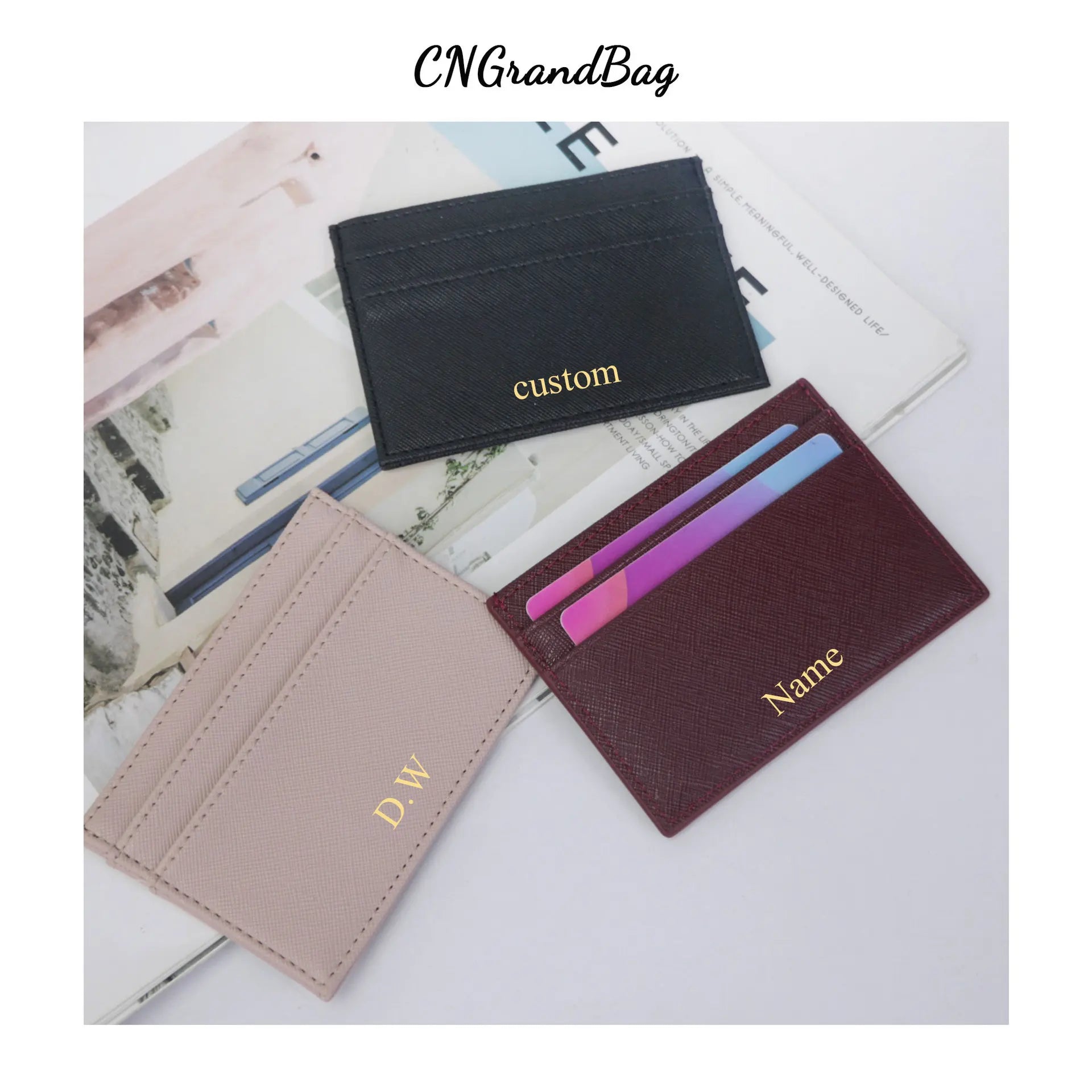 Storazone Custom Letters Men PU Leather Credit Card Holder Personalize Initials Slim Card Wallet Monogram Name Card Case Women DIY Present