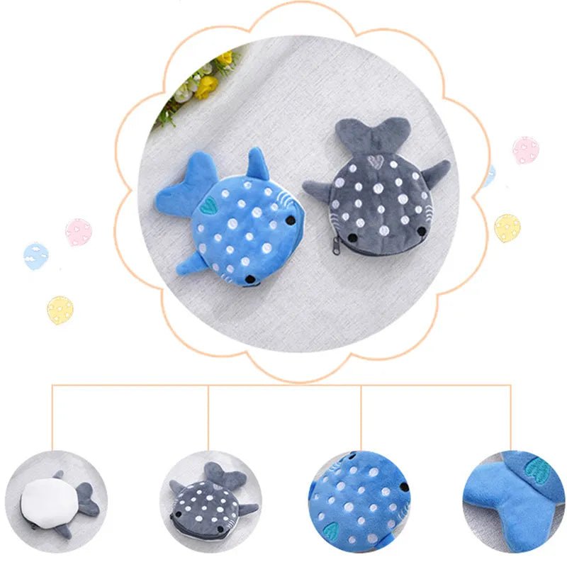 Storazone Cute Blue Small Whales Coin Purse Plush Zipper Coin Wallet Shark Shape Designer Women's Wallet Change Purse Key Earphone Pouch