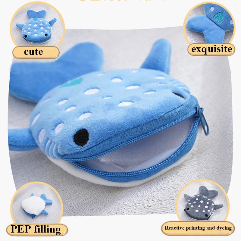 Storazone Cute Blue Small Whales Coin Purse Plush Zipper Coin Wallet Shark Shape Designer Women's Wallet Change Purse Key Earphone Pouch