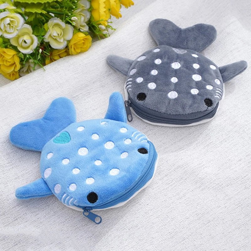 Storazone Cute Blue Small Whales Coin Purse Plush Zipper Coin Wallet Shark Shape Designer Women's Wallet Change Purse Key Earphone Pouch
