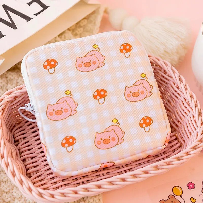 Storazone cute pig Women Girls Kawaii Cosmetic Makeup Tampon Bear Napkin Pouch Storage Bag Coin Purse Sanitary Pads Bag Mini Data Cables Organizer