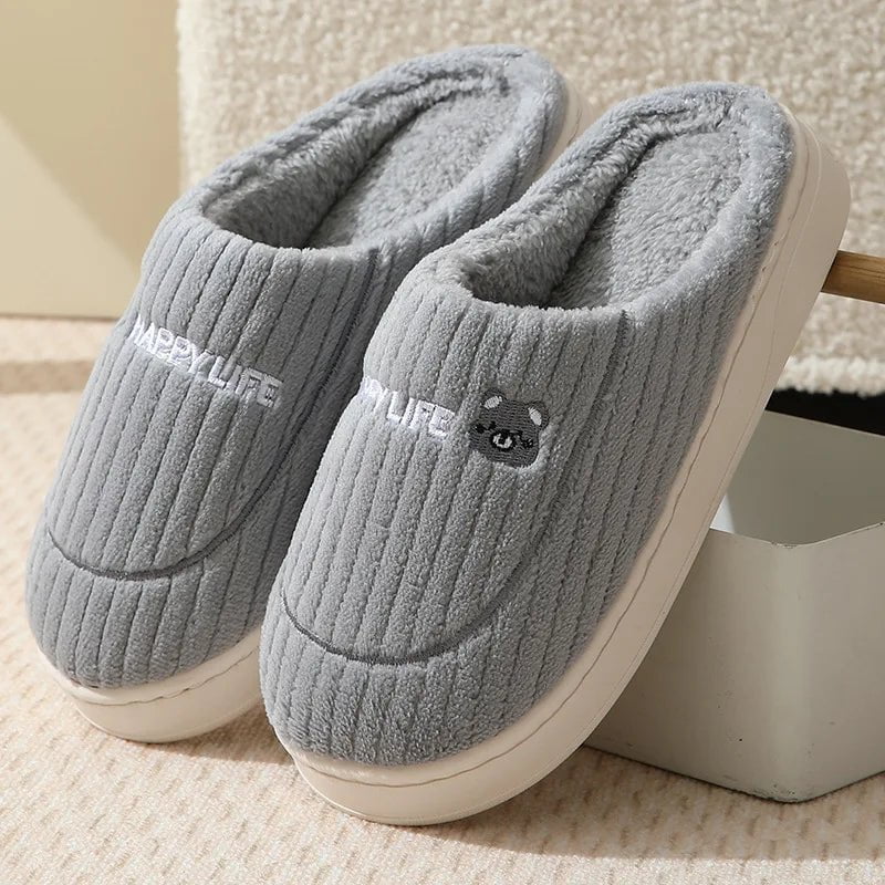 Storazone D-Gray / 36-37(fit 35-36) 2023 New Winter Fulffy Fur Slippers Men Plush Fleece Flat Slippers Sweet Thick Soled Indoor Cotton Slippers For Couple Shoes