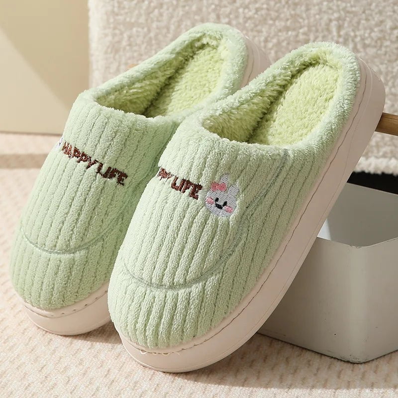 Storazone D-Green / 36-37(fit 35-36) 2023 New Winter Fulffy Fur Slippers Men Plush Fleece Flat Slippers Sweet Thick Soled Indoor Cotton Slippers For Couple Shoes